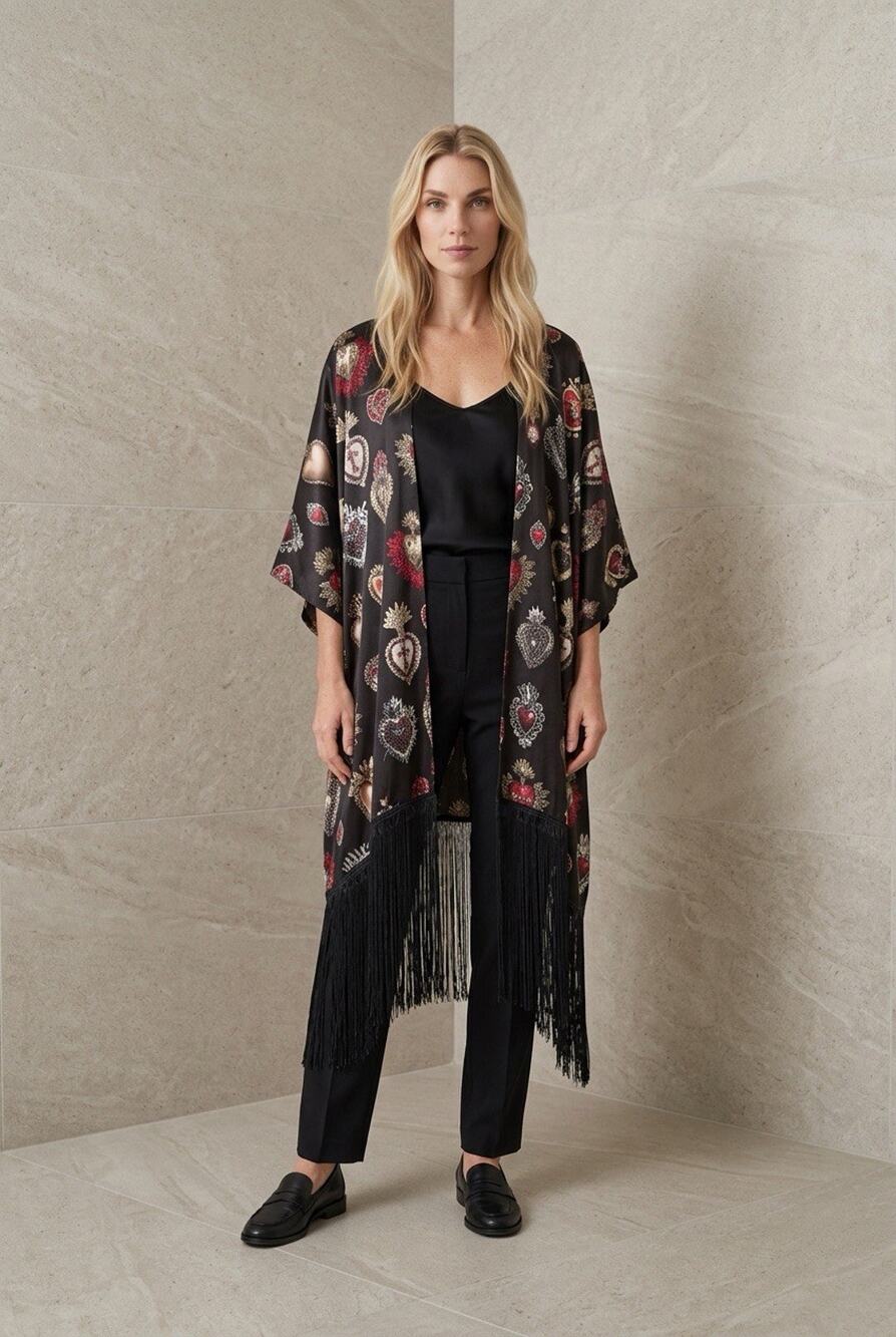 Josefina By Vero Solis One Size Satin Fringe Kimono Black Hearts Cross